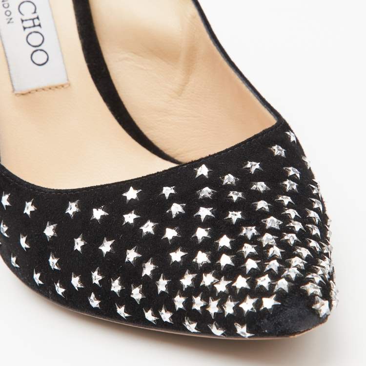 Pre Owned Jimmy Choo Black Suede Romy Crystal Embellished Pointed Toe Pumps Size 37.5