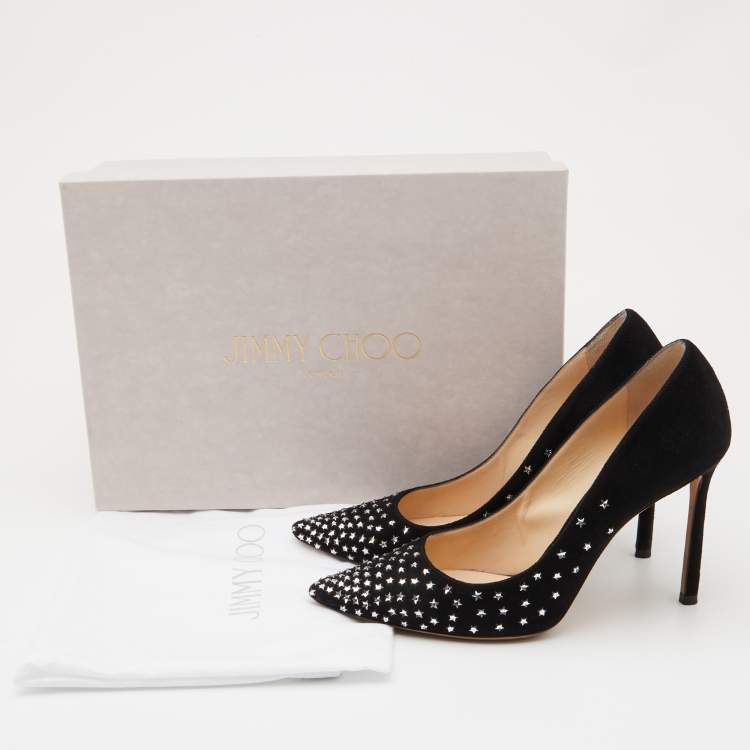 Pre Owned Jimmy Choo Black Suede Romy Crystal Embellished Pointed Toe Pumps Size 37.5