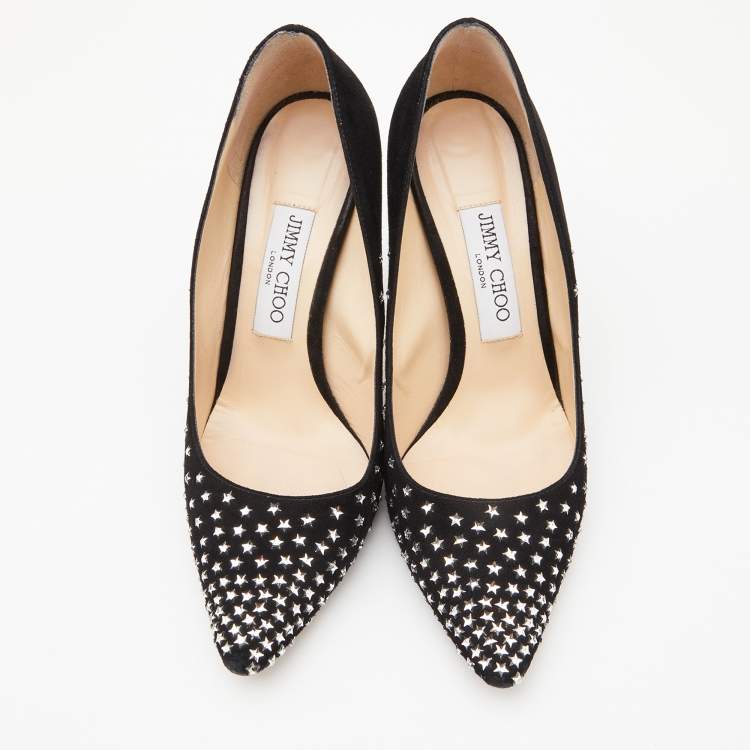 Pre Owned Jimmy Choo Black Suede Romy Crystal Embellished Pointed Toe Pumps Size 37.5