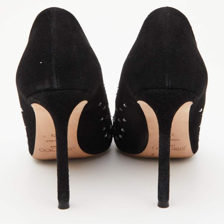 Pre Owned Jimmy Choo Black Suede Romy Crystal Embellished Pointed Toe Pumps Size 37.5