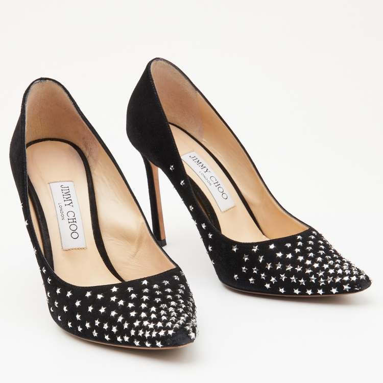 Pre Owned Jimmy Choo Black Suede Romy Crystal Embellished Pointed Toe Pumps Size 37.5
