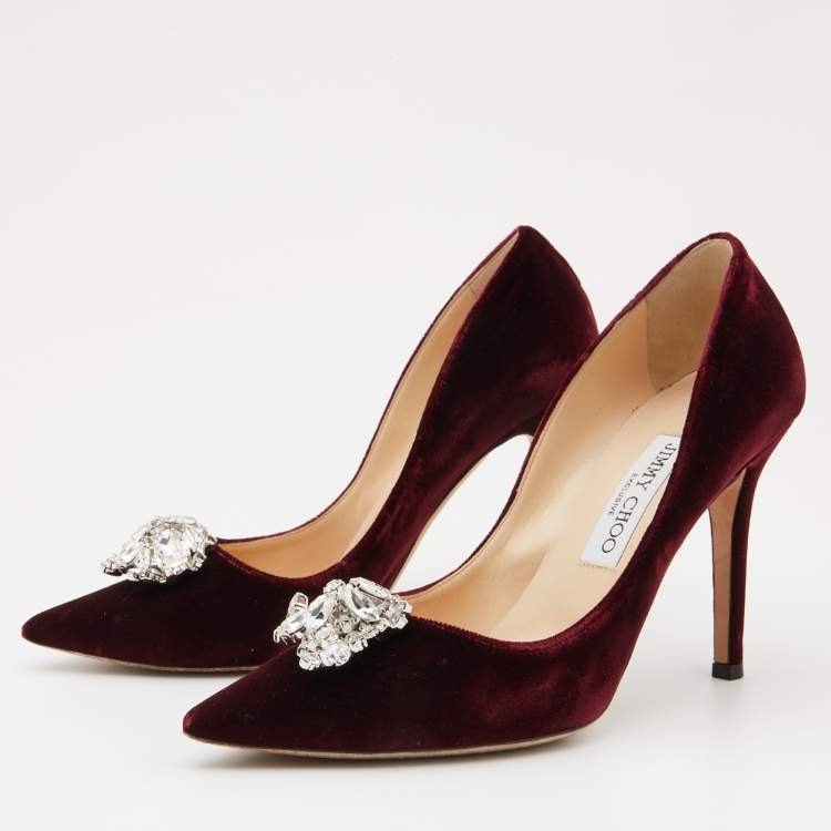 مملوكة مسبقًا Jimmy Choo Burgundy Velvet Manda Crystal Embellished Pointed Toe Pumps Size 38