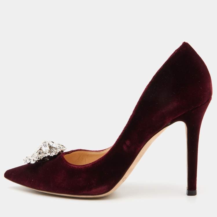 مملوكة مسبقًا Jimmy Choo Burgundy Velvet Manda Crystal Embellished Pointed Toe Pumps Size 38