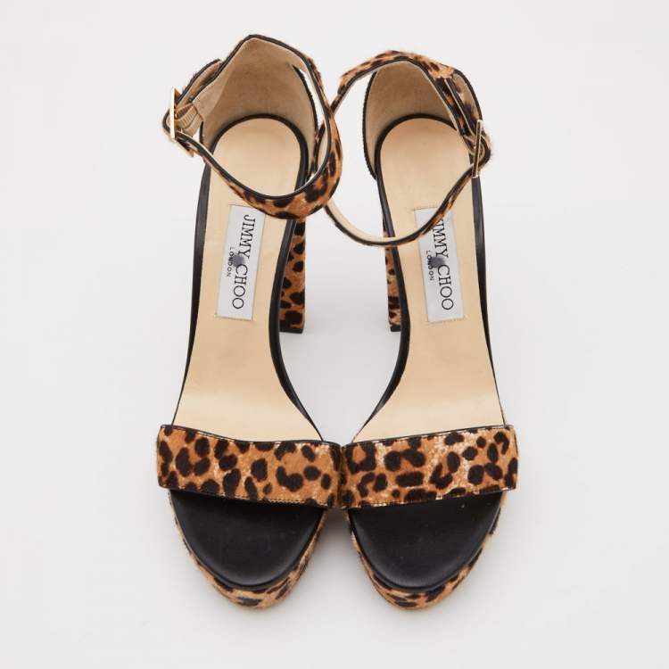 Pre Owned Jimmy Choo Two Tone Leopard Print Calf Holly Sandals Size 38.5