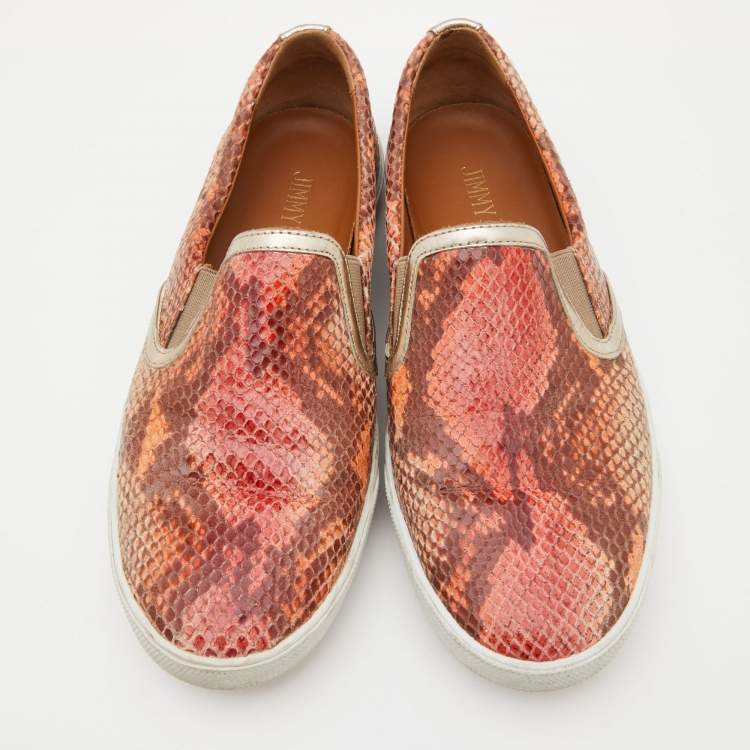 Pre Owned Jimmy Choo Brown Snakeskin Embossed Brooklyn Slip On Sneakers Size 37.5