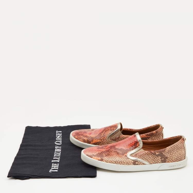 Pre Owned Jimmy Choo Brown Snakeskin Embossed Brooklyn Slip On Sneakers Size 37.5
