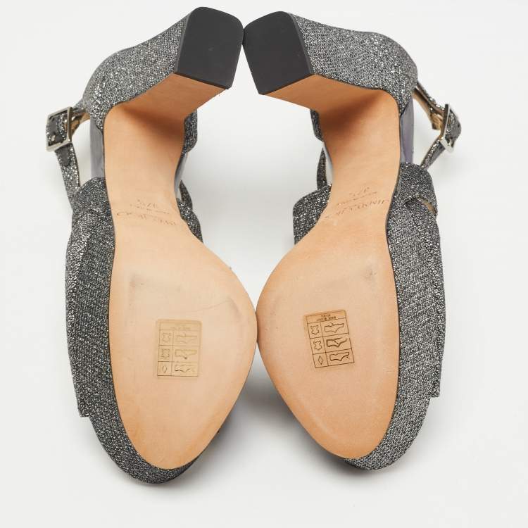 Pre Owned Jimmy Choo Silver Glitter Fabric April Cross Strap Platform Block Heel Sandals Size 37.5