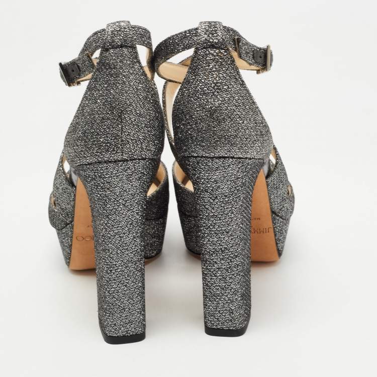 Pre Owned Jimmy Choo Silver Glitter Fabric April Cross Strap Platform Block Heel Sandals Size 37.5