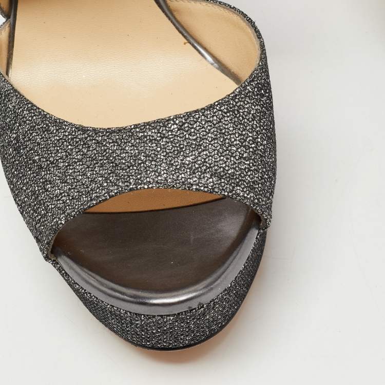 Pre Owned Jimmy Choo Silver Glitter Fabric April Cross Strap Platform Block Heel Sandals Size 37.5