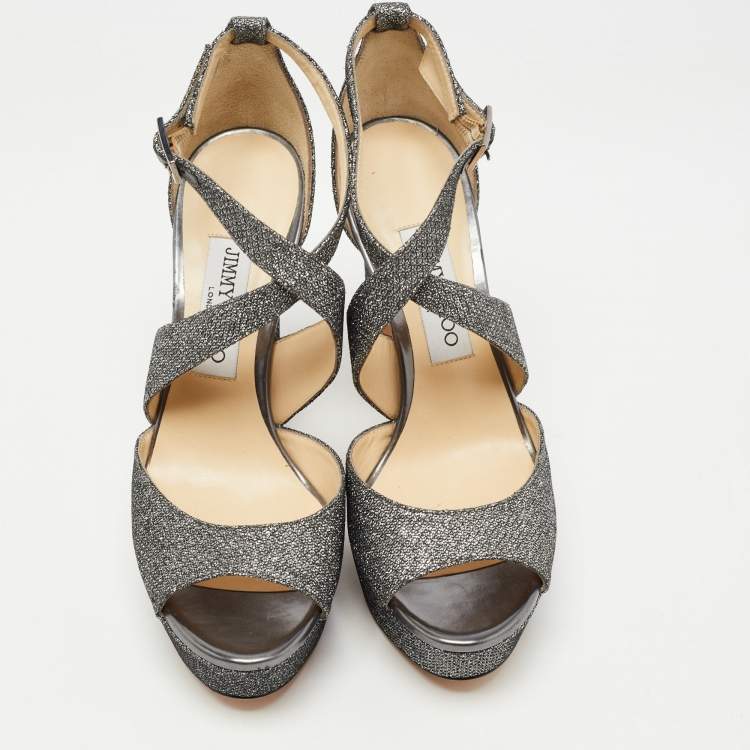 Pre Owned Jimmy Choo Silver Glitter Fabric April Cross Strap Platform Block Heel Sandals Size 37.5