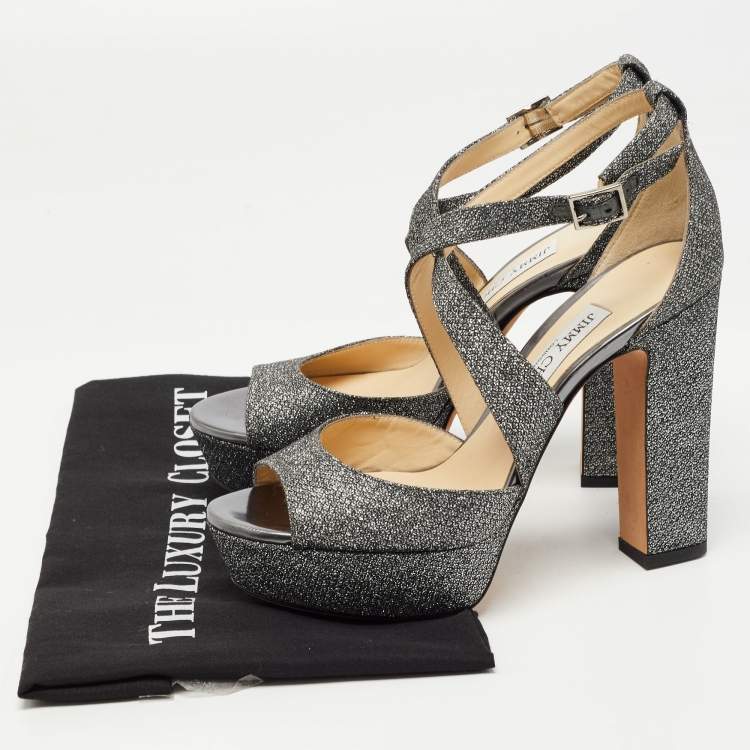 Pre Owned Jimmy Choo Silver Glitter Fabric April Cross Strap Platform Block Heel Sandals Size 37.5