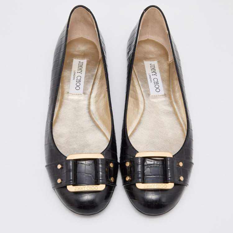 Pre Owned Jimmy Choo Black Croc Embossed Leather Morse Ballet Flats Size 39