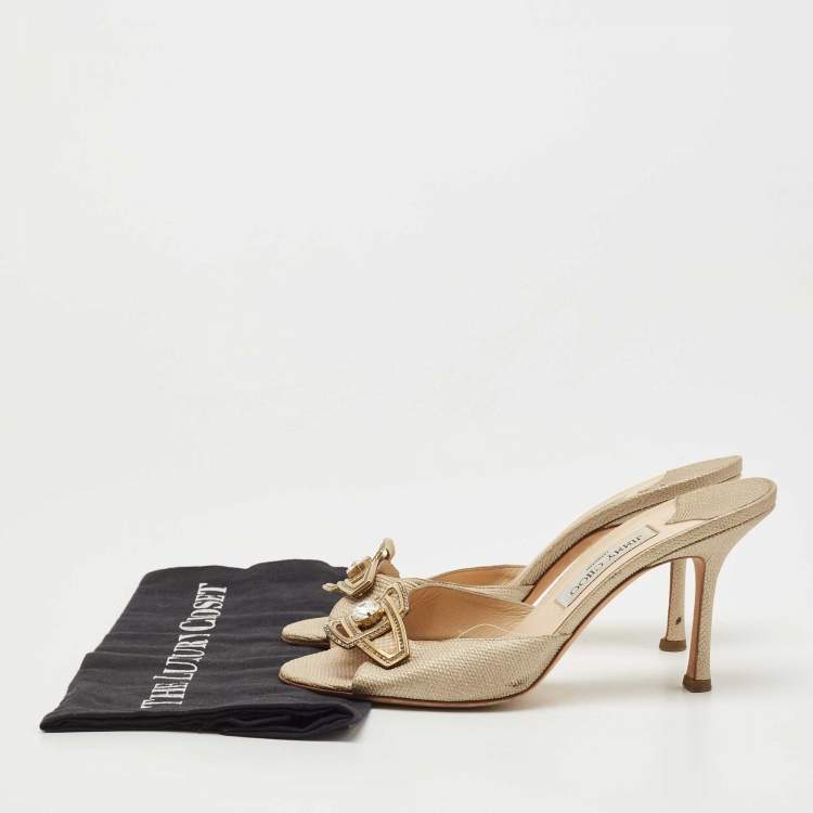 Pre Owned Jimmy Choo Metallic Gold Leather Crystal Embellished Slides Size 39.5