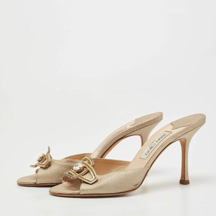 Pre Owned Jimmy Choo Metallic Gold Leather Crystal Embellished Slides Size 39.5