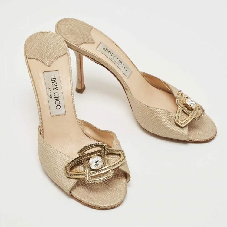 Pre Owned Jimmy Choo Metallic Gold Leather Crystal Embellished Slides Size 39.5