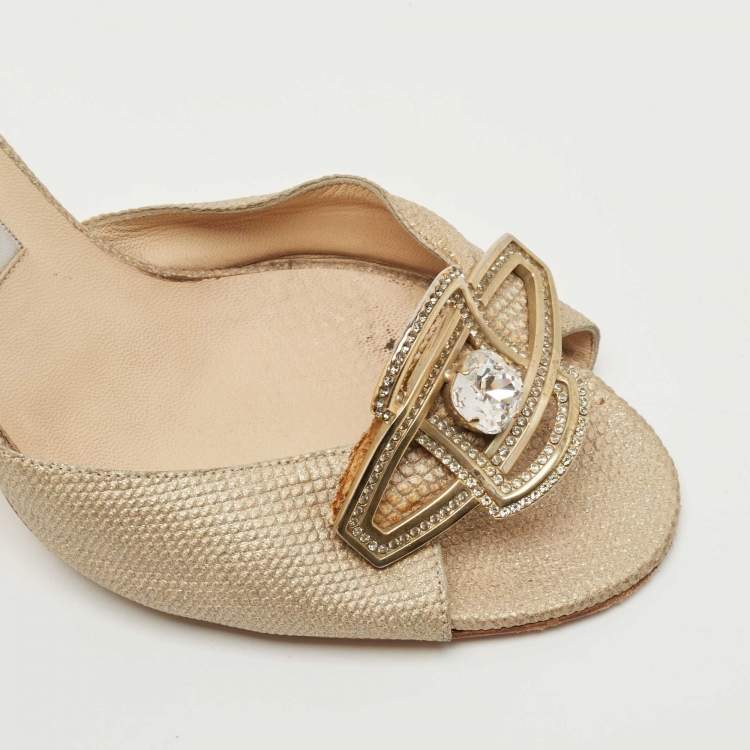 Pre Owned Jimmy Choo Metallic Gold Leather Crystal Embellished Slides Size 39.5