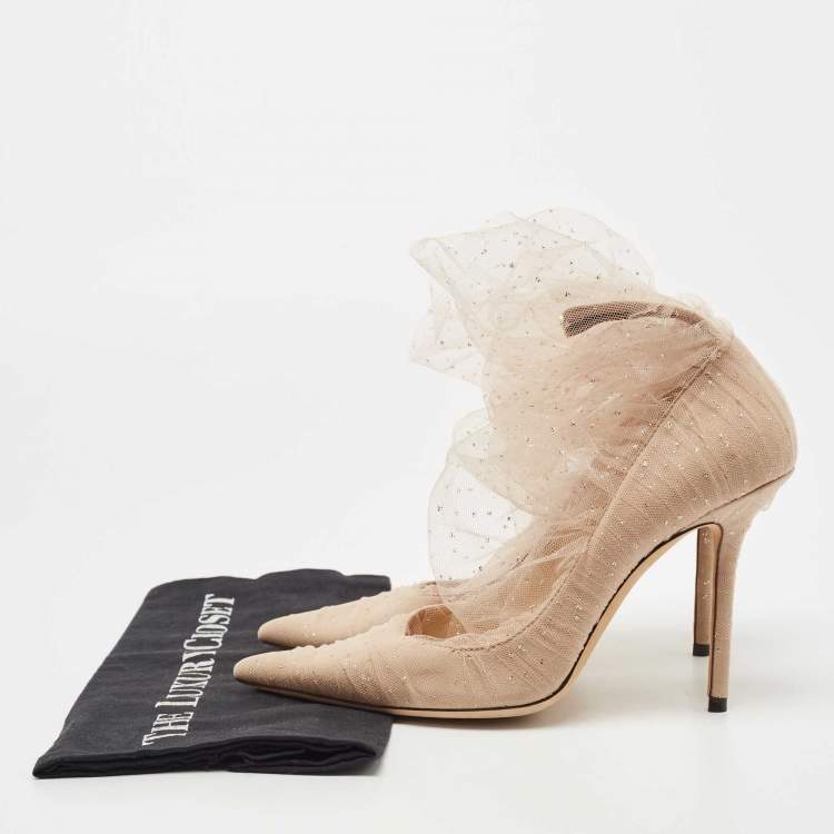 Pre Owned Jimmy Choo Beige Lace And Mesh Lavish Pointed Toe Pumps Size 39