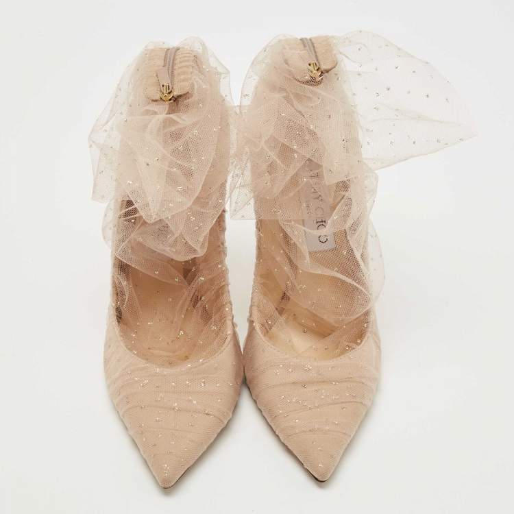 Pre Owned Jimmy Choo Beige Lace And Mesh Lavish Pointed Toe Pumps Size 39