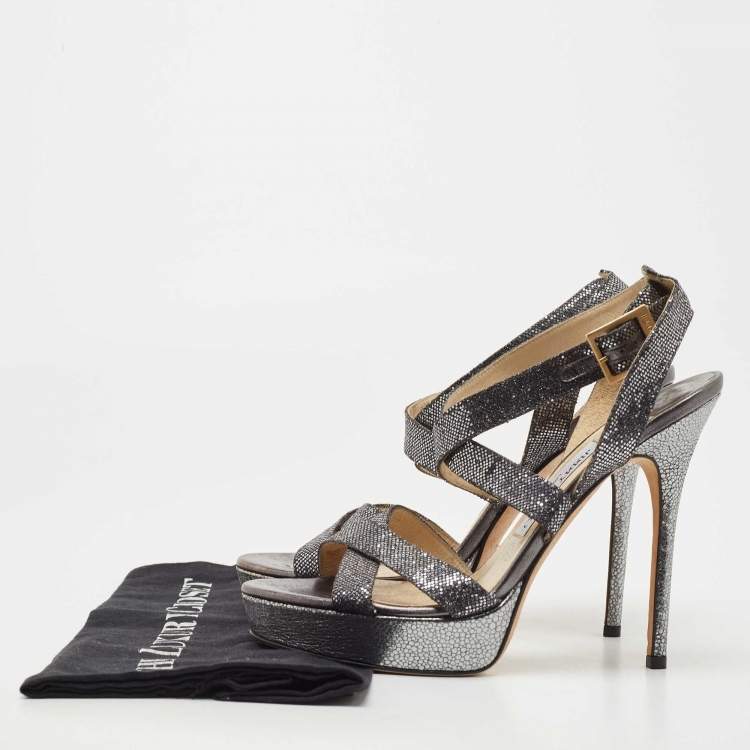 Pre Owned Jimmy Choo Metallic Grey Glitter Vamp Platform Sandals Size 39