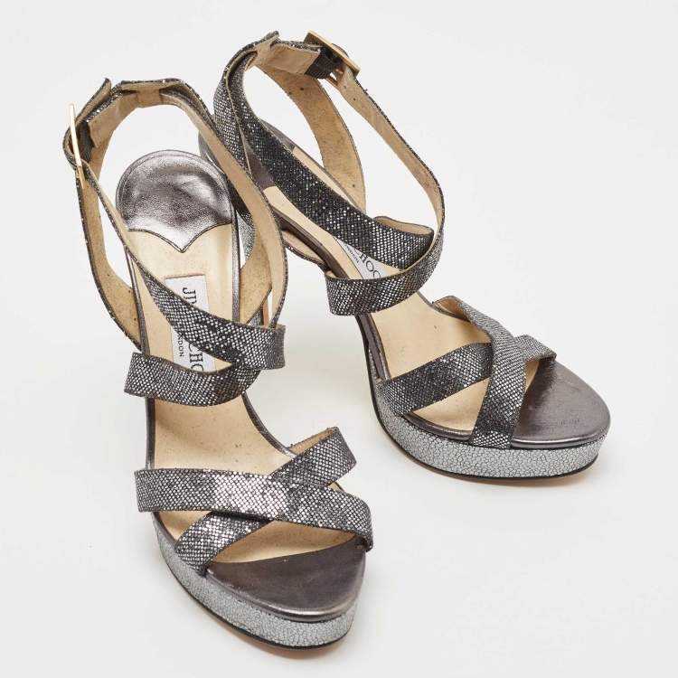Pre Owned Jimmy Choo Metallic Grey Glitter Vamp Platform Sandals Size 39