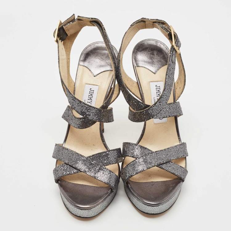 Pre Owned Jimmy Choo Metallic Grey Glitter Vamp Platform Sandals Size 39