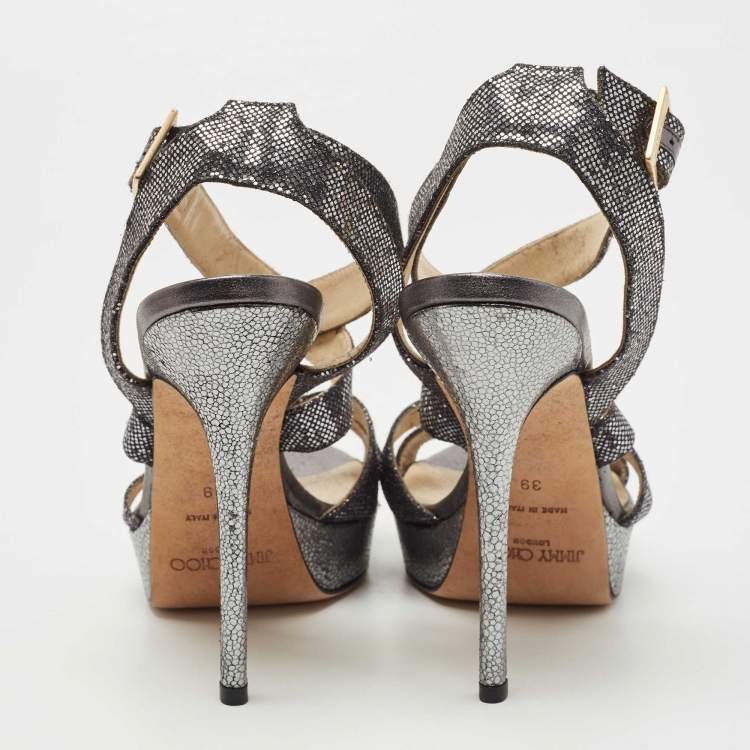 Pre Owned Jimmy Choo Metallic Grey Glitter Vamp Platform Sandals Size 39