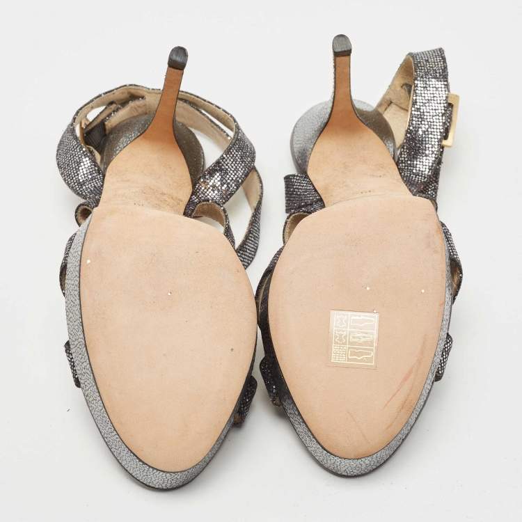 Pre Owned Jimmy Choo Metallic Grey Glitter Vamp Platform Sandals Size 39