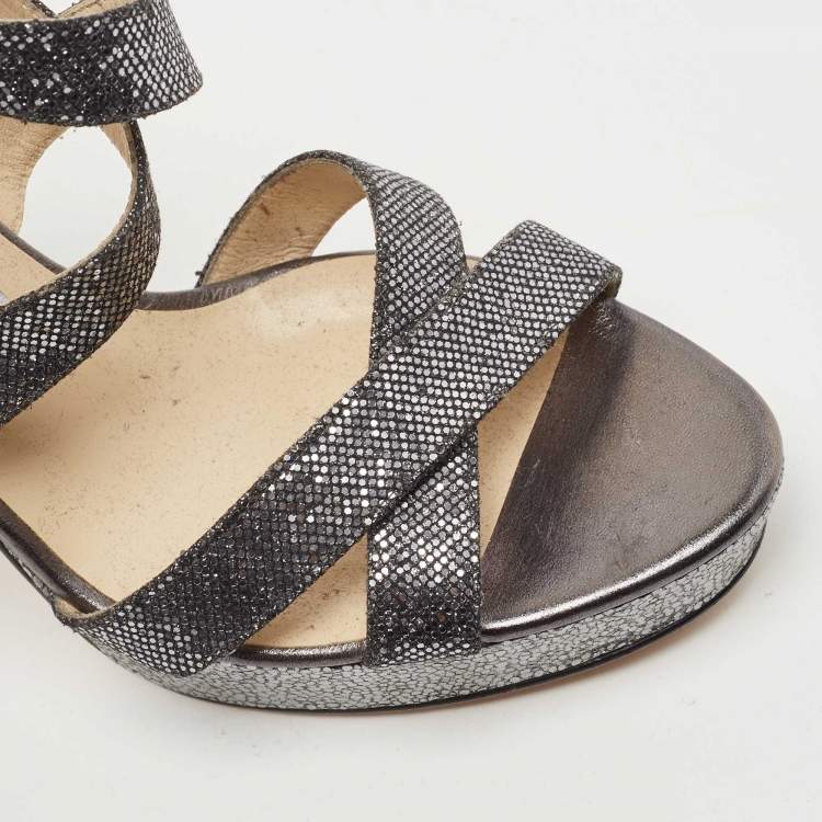 Pre Owned Jimmy Choo Metallic Grey Glitter Vamp Platform Sandals Size 39