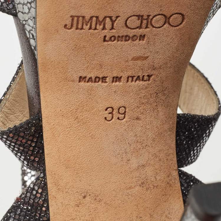 Pre Owned Jimmy Choo Metallic Grey Glitter Vamp Platform Sandals Size 39