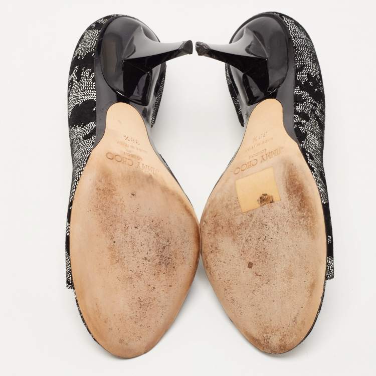Pre Owned Jimmy Choo Black/Silver Suede and Fabric Open Toe Pumps 38.5