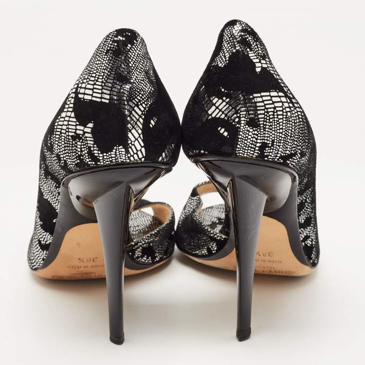 Pre Owned Jimmy Choo Black/Silver Suede and Fabric Open Toe Pumps 38.5