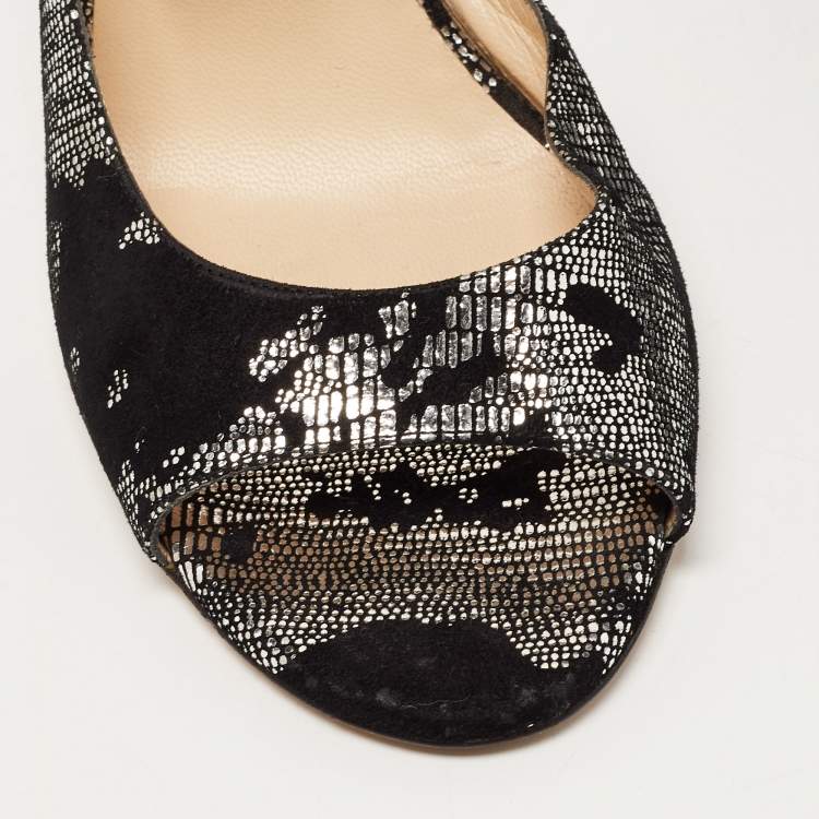 Pre Owned Jimmy Choo Black/Silver Suede and Fabric Open Toe Pumps 38.5