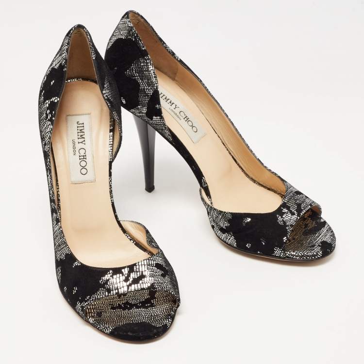 Pre Owned Jimmy Choo Black/Silver Suede and Fabric Open Toe Pumps 38.5