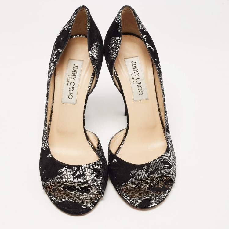 Pre Owned Jimmy Choo Black/Silver Suede and Fabric Open Toe Pumps 38.5