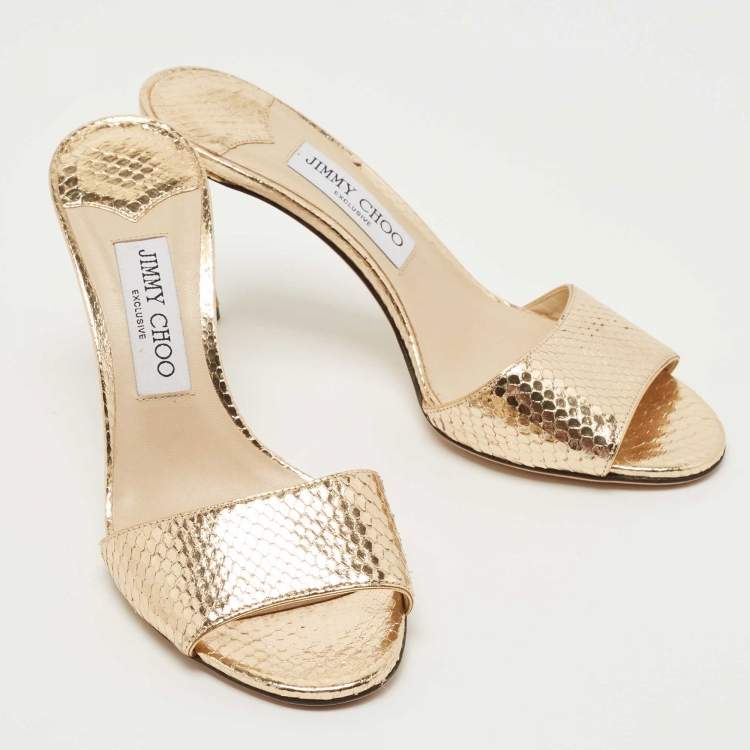 Pre Owned Jimmy Choo Gold Embossed Snakeskin Stacey Slide Sandals Size 39