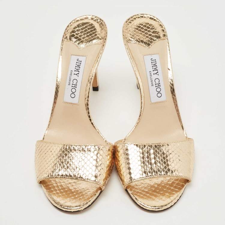 Pre Owned Jimmy Choo Gold Embossed Snakeskin Stacey Slide Sandals Size 39