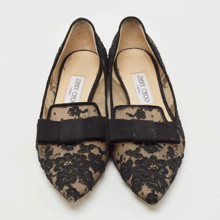 Pre Owned Jimmy Choo Black Lace Gala Ballet Flats Size 37 