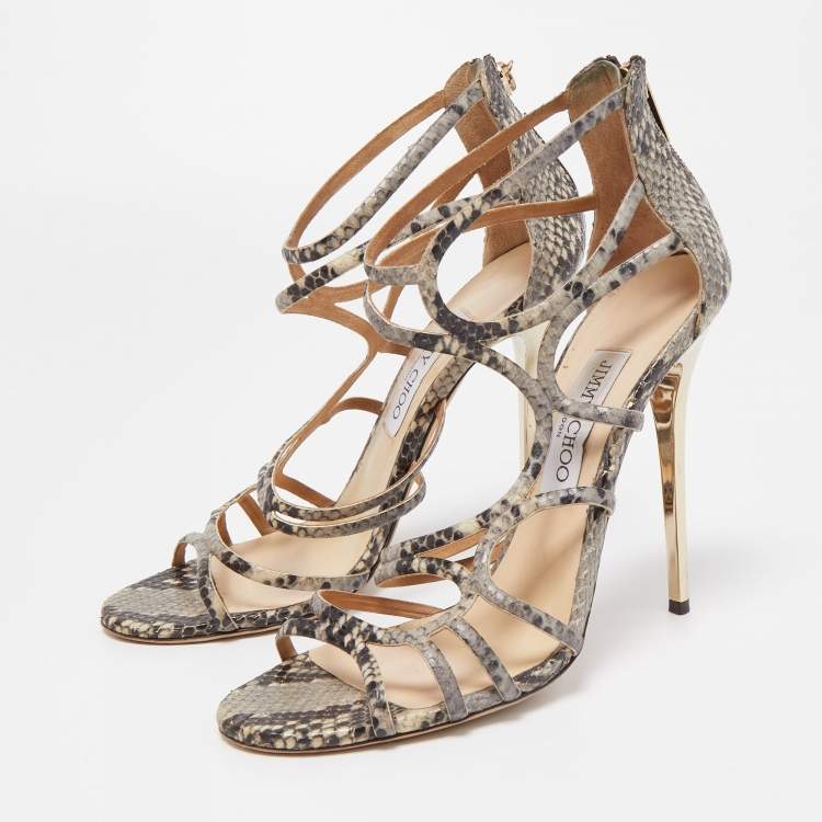 Pre Owned Jimmy Choo Brown/Beige Python Embossed Leather Sutri Sandals Size 39