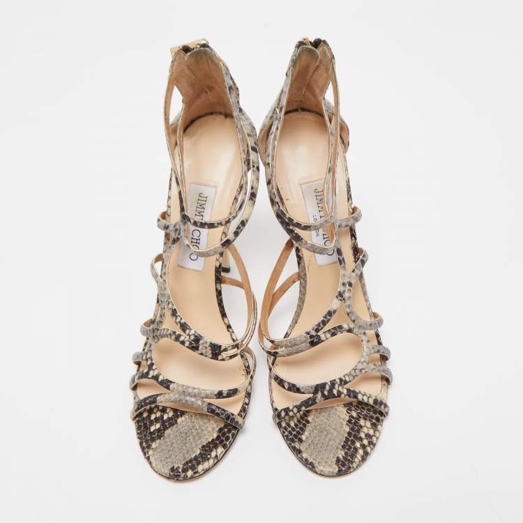 Pre Owned Jimmy Choo Brown/Beige Python Embossed Leather Sutri Sandals Size 39