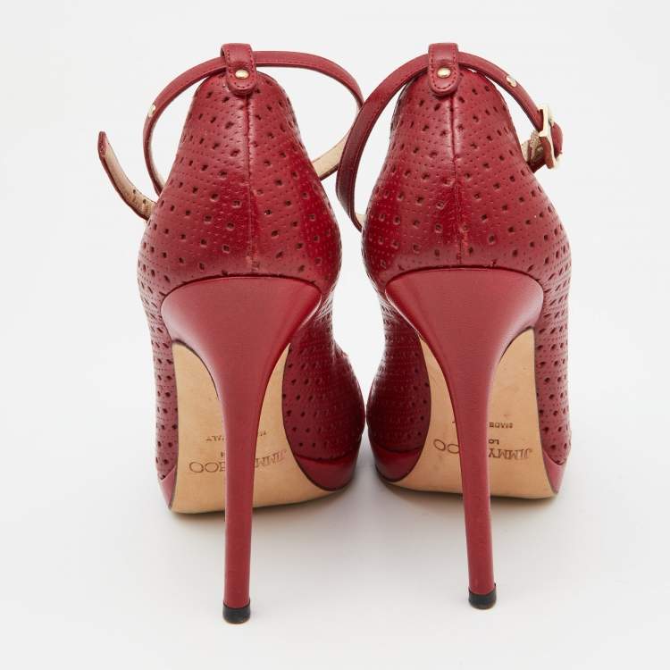 Pre Owned Jimmy Choo Red Perforated Leather Peep Toe Pumps Size 35