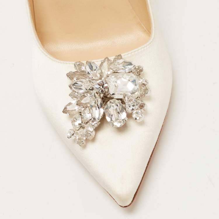 Pre Owned Jimmy Choo Off White Satin Crystal Embellished Manda Pumps Size 36