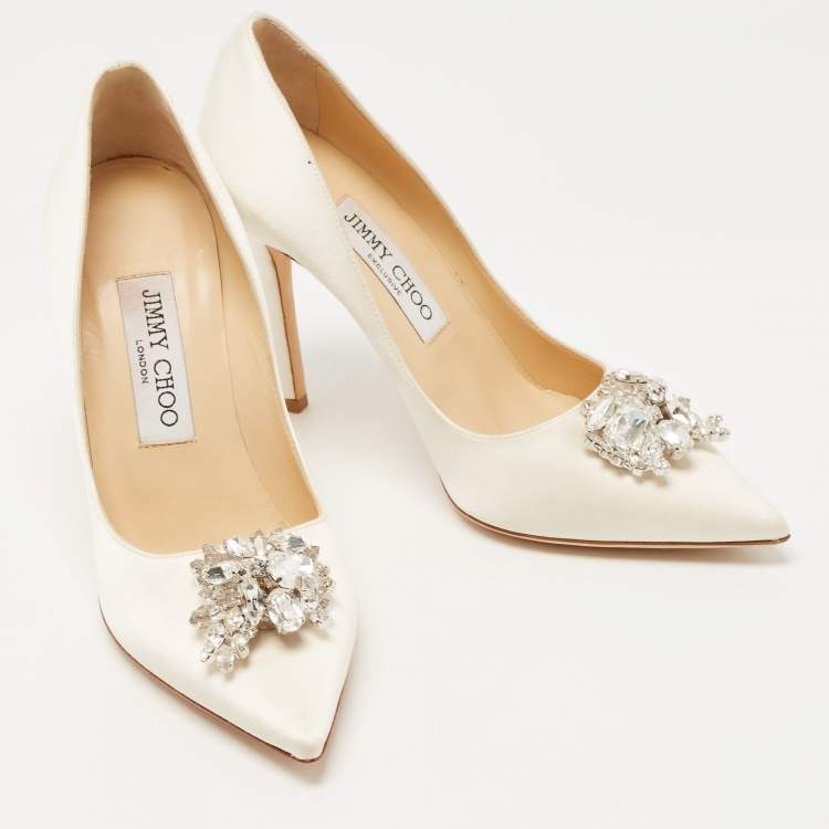 Pre Owned Jimmy Choo Off White Satin Crystal Embellished Manda Pumps Size 36