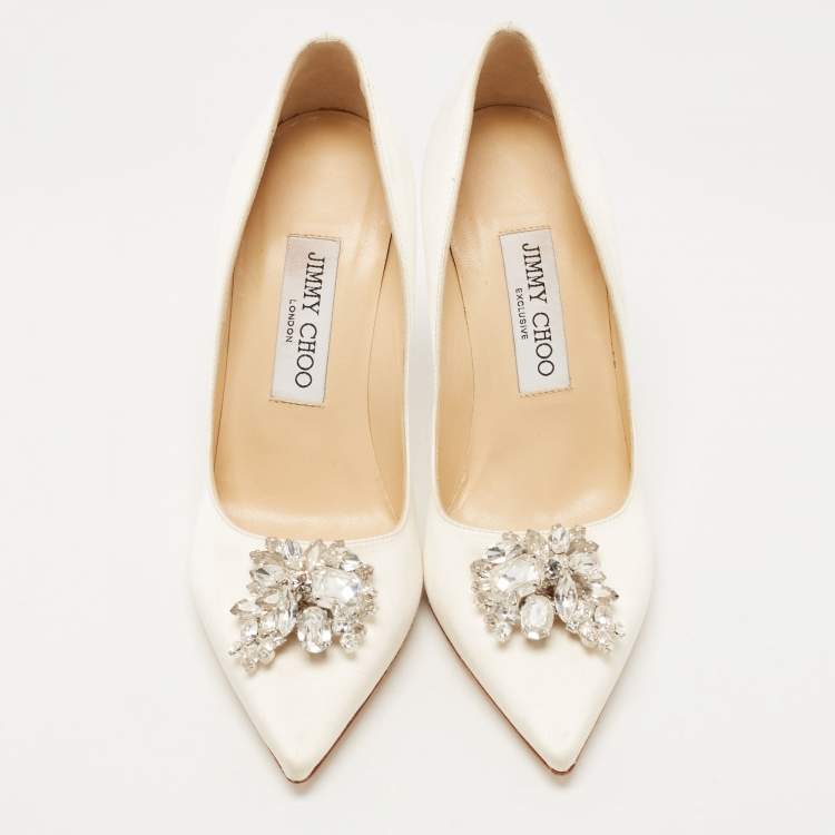 Pre Owned Jimmy Choo Off White Satin Crystal Embellished Manda Pumps Size 36