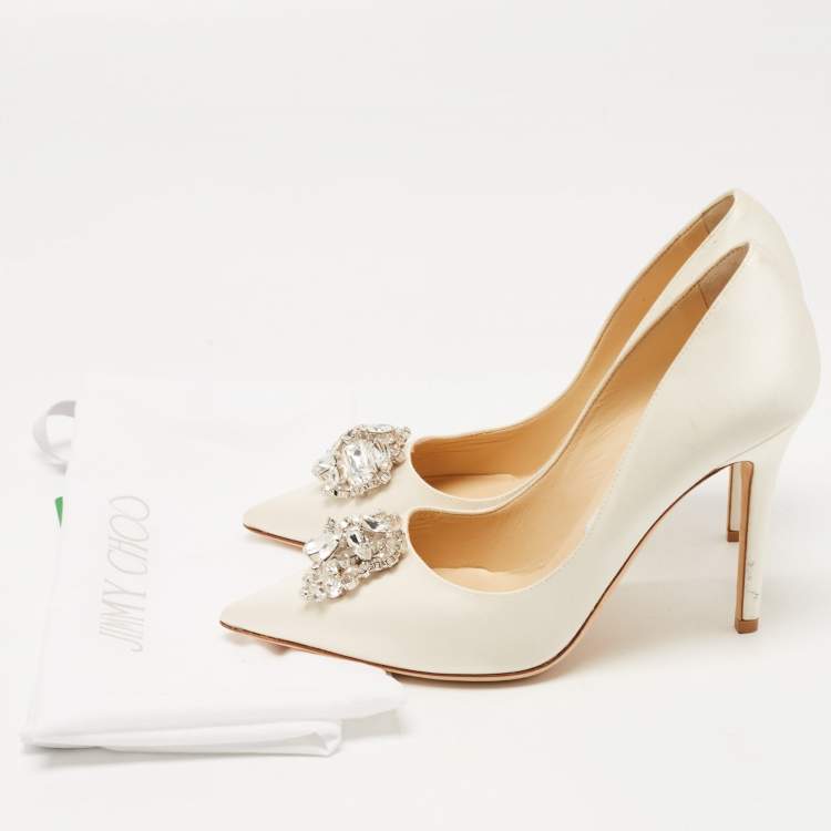 Pre Owned Jimmy Choo Off White Satin Crystal Embellished Manda Pumps Size 36