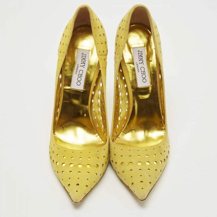 Pre Owned Jimmy Choo Yellow Laser Cut Suede Pointed Toe Pumps Size 40.5