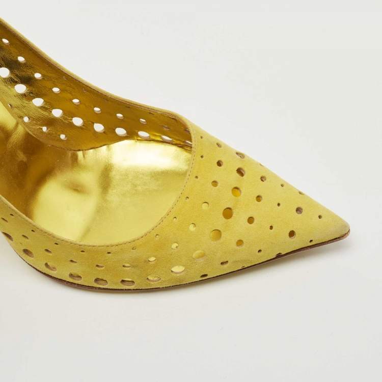 Pre Owned Jimmy Choo Yellow Laser Cut Suede Pointed Toe Pumps Size 40.5