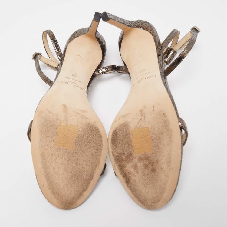 مملوكة مسبقًا Jimmy Choo Metallic Laminated Suede Minny Ankle Strap Sandals Size 38