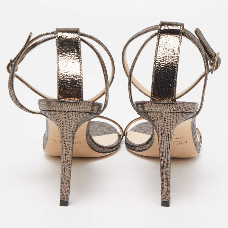 مملوكة مسبقًا Jimmy Choo Metallic Laminated Suede Minny Ankle Strap Sandals Size 38