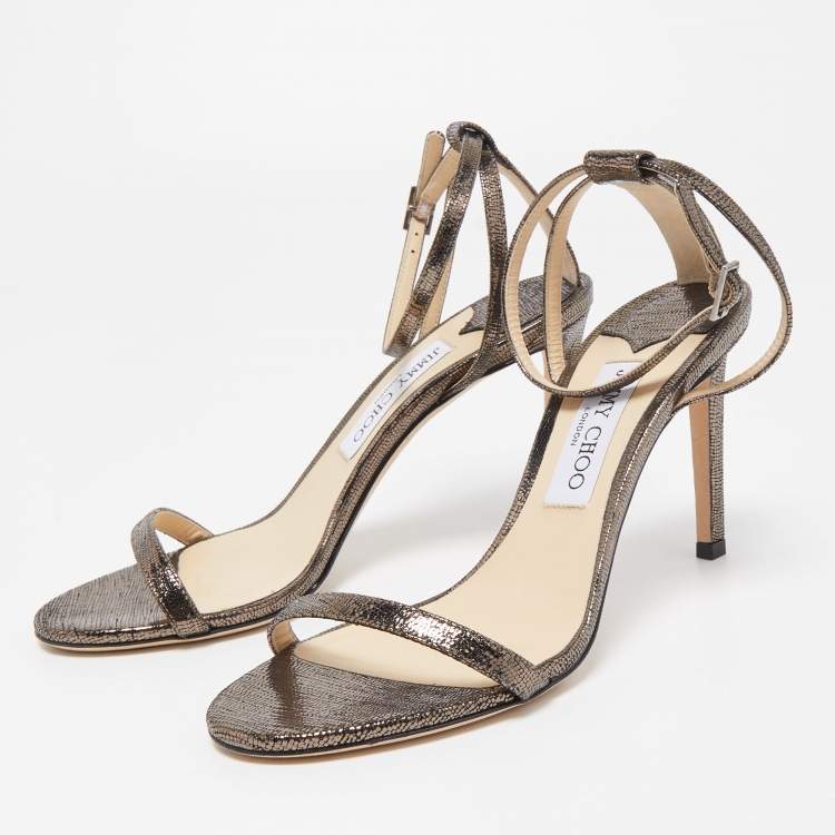 مملوكة مسبقًا Jimmy Choo Metallic Laminated Suede Minny Ankle Strap Sandals Size 38