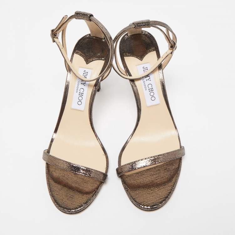 مملوكة مسبقًا Jimmy Choo Metallic Laminated Suede Minny Ankle Strap Sandals Size 38